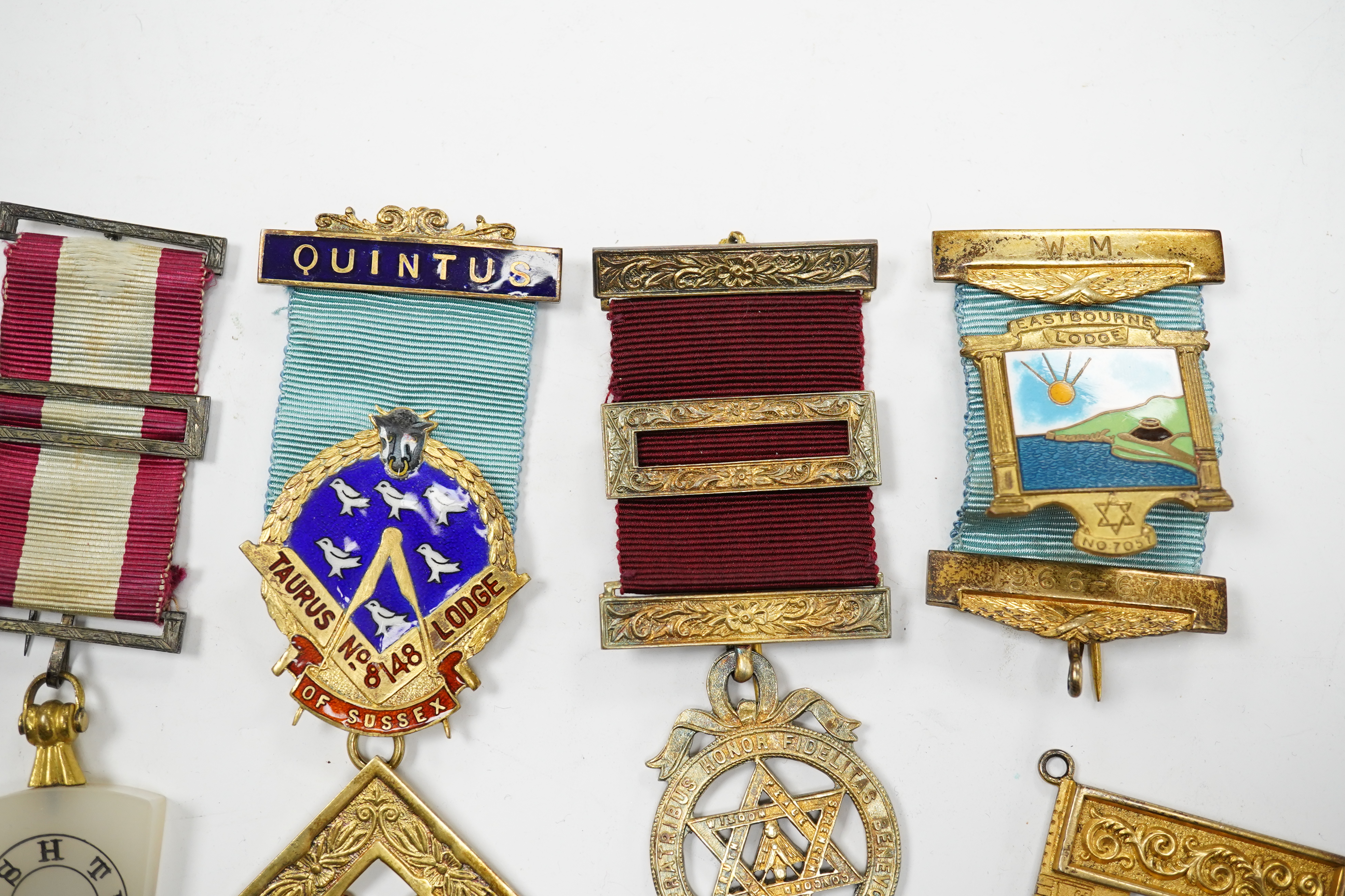 Masonic medals some silver gilt and enamel, to include Eastbourne Lodge and Taurus No 8148 Lodge of Sussex. Condition - fair to good